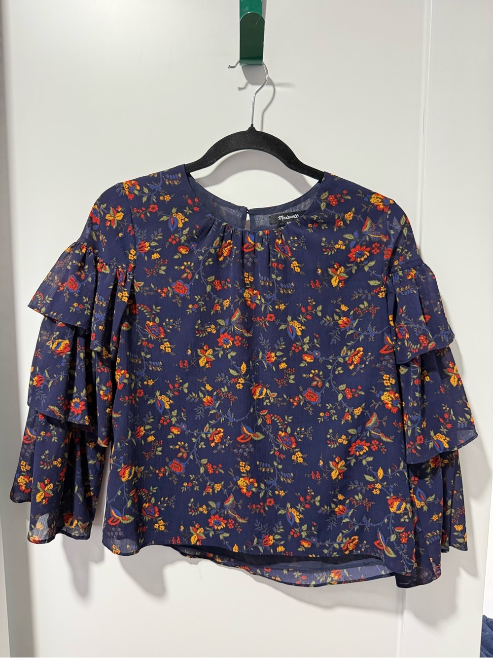Madewell Navy Floral Tiered-Ruffle Blouse